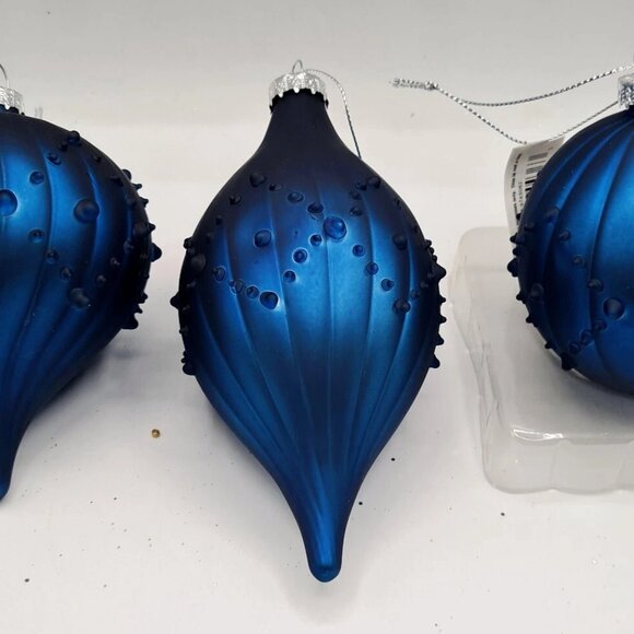 ndigo Blue Ball Finial Onion Textured Glass Ornament 4" Set 3 Christmas - Picture 2 of 8